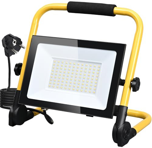 MOLVCE Projecteur de chantier LED 100 W 3000 K 8500 lm blanc chaud avec prise, IP66 étanche avec trépied et câble de 3 m pour chantier, garage, atelier, terrain de sport
