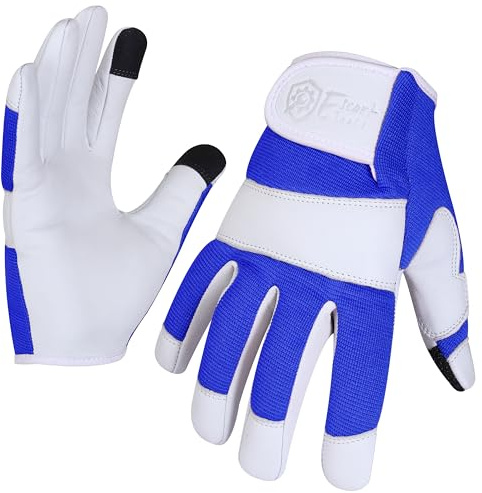 Escort Tools® Heavy Duty Leather Gardening Work Gloves, Thorn Proof, Touch Screen, Utility Safety Working Gloves Breathable, Tear Resistant, High Dexterity Mechanic Gloves Unisex (Blue, M)