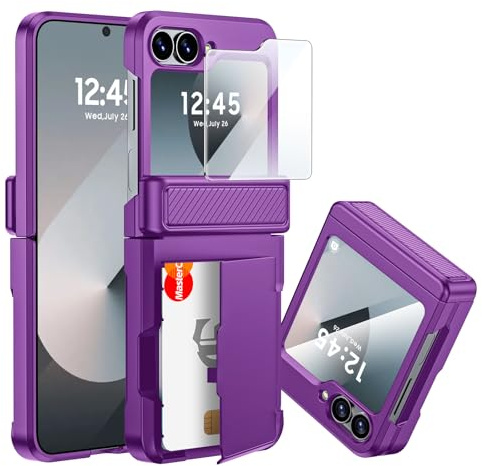 CENMASO for Samsung Galaxy Z Flip 6/7 FE Case with Card Holder [RFID Blocking] Built-in Hinge Protection & Screen Protector, Shockproof Protection Case for Galaxy Z Flip 6-Purple