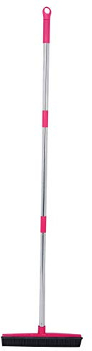 Pet Hair Removal Rubber Broom with Integrated Squeegee, 3-in-1 Floor Brush for Carpets, Adjustable Handle, Pet Hair Remover for Floor Dusting (Pink)