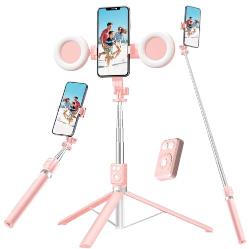 Selfie Stick Tripod with Fill Light, Phone Selfie Stick,Durable Stainless Steel Design,Bluetooth Remote Control,and Stable Three-Legged Support for Live Broadcasts,Video Shooting (Pink)