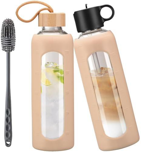 HYDRAGLAZIC 750ml Glass Water Bottle With 2 Lids-Flip Straw Lid, Bamboo Lid, Glass Water Bottle With Silicone Sleeve, Motivational Time Marker, Glass Juice Bottle for Cold Drink,Amber