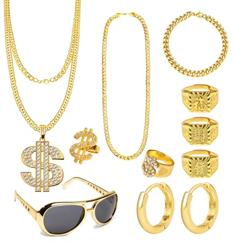 Zuhälter Kostüm Gold Digger Kostüm Dollar Kette Rapper Kostüm Goldfarbenekette Kostüm 80er 90er Hip-Hop Mottopartys Karneval Retro Looks Halloween Maskerade Geburtstagsverkleidungen