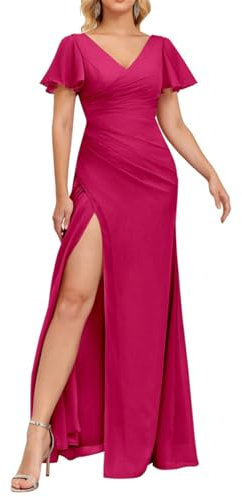 WSEYU Vestido de dama de honor con cuello en V, manga corta, abertura con volantes, vestido largo formal de noche, fucsia, 36