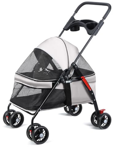 qorkhogr Hundebuggy für mittelgroße Hunde, 13,6 kg, 4 Räder, Hunde- und Katzenkinderwagen, Outdoor-Reisen, Haustier-Käfig mit Getränkehalter, atmungsaktives und sichtbares Netz für kleine Grau