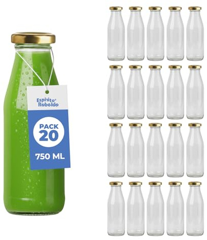 Espirito Rebelde Confezione da 24 bottiglie di vetro vuote, 750 ml, con coperchio, bottiglie di vetro per succhi, latte, barbecue, salse, ideali per picnic, matrimoni e feste
