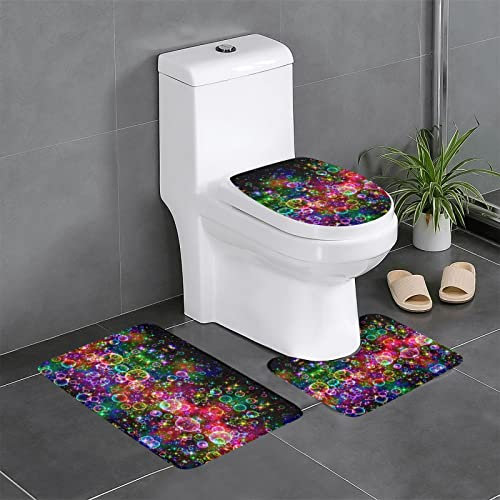 CHANGLEI Badteppich-Set, bunt, Regenbogen-Sterne, weiches Flanell, 3-teilig, rutschfeste Duschmatte, U-förmige Toilettensitzbezüge, saugfähige Badematte mit stilvollem Druck
