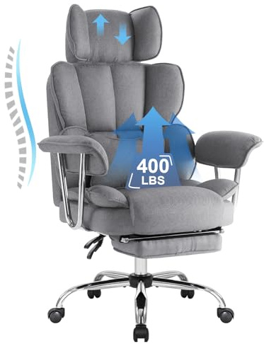 IWMH Ergonomisk kontorsstol med fotstöd och ländryggsstöd, kontorsstol med justerbar höjd, hög rygg, bomull och linne, 200 kg (grå)