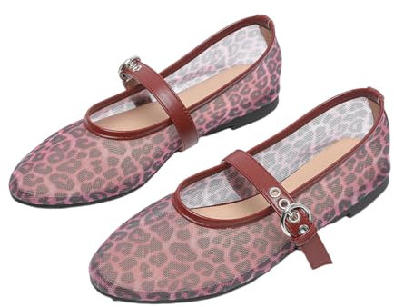 CRETUAO Bailarinas Malla Leopardo para Mujer Sandalias Planas Mary Jane Hebilla Suaves cómodas Punta Redonda Bailarinas Informales Transpirables,6 Leopard,38 EU