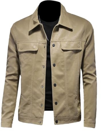 Disimlarl Manteau de moto en cuir à revers solide pour homme - Veste de travail formelle à double poche, kaki, XXL