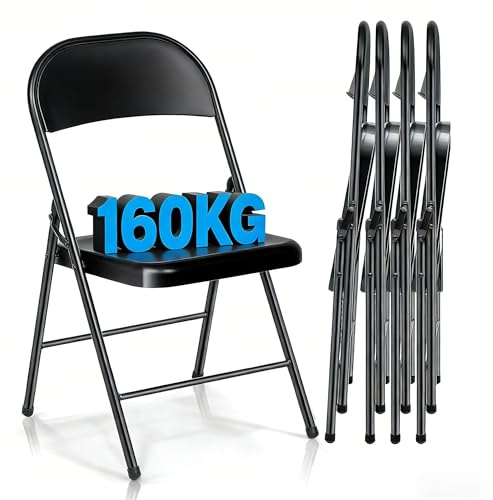 Asdsed Klappstuhl 4er Set, Wasserdicht Stabil Bequeme Klappstühle Esszimmer Klappbar Campingstuhl bis 160kg Gartenstuhl aus Metall & Kunsttoff für Balkon Küchen Außen, Schwarz