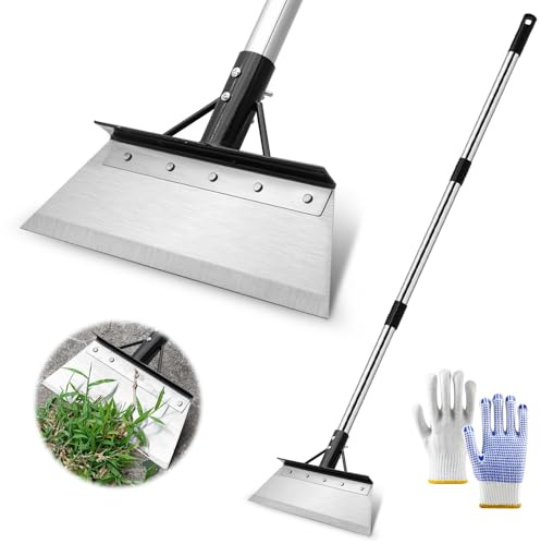 Set di attrezzi da giardino con raschietto per erbacce, lama in acciaio inox da 21 cm con asta a 3 sezioni da 120 cm e guanti, per rimuovere muschio e ghiaccio per patio, vialetto e neve, kit pala da