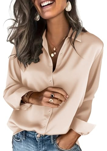 Zeagoo Silk Satin Tops for Women Long Sleeve Blouse Button Down Shirts Dressy Casual Outfits Champagne