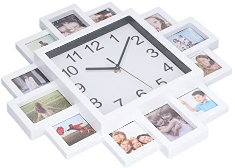 Keenso Fotoram Wanduhr Persönliche Multi Foto Diy Uhr für Wohnkultur Schlafzimmer Wohnzimmer Büro, AB Material 15.35in Weiß Bild Rahmen Wand