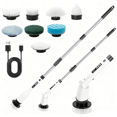 Spazzola Elettrica Rotante, Spazzola per La Pulizia Senza Fili con 8 Testine per Trapano Sostituibili, Impermeabile IPX7, 3 livelli di velocità,3 angoli regolabili per pulizia,per Bagno, Cucina, Auto