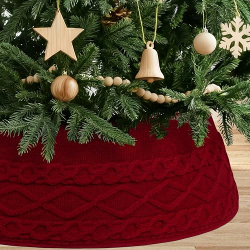 Betylifoy Weihnachtsbaumrock Gestrickt Weihnachtsbaum Decke 71CM Weihnachtenbaum Kragen Runde Weihnachten Deko Christbaumständer Abdeckung Rot für Weihnachtsbaum Deko Innen