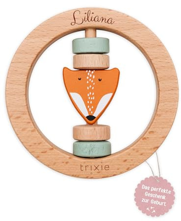 wunderwunsch Trixie Holzrassel personalisiert, Holz Rassel als Geschenk für Baby, Kleinkind, Geburt, Taufe graviert mit deinem Namen aus bestem Holz, auf Wunsch individualisert (Fuchs, mit Name)