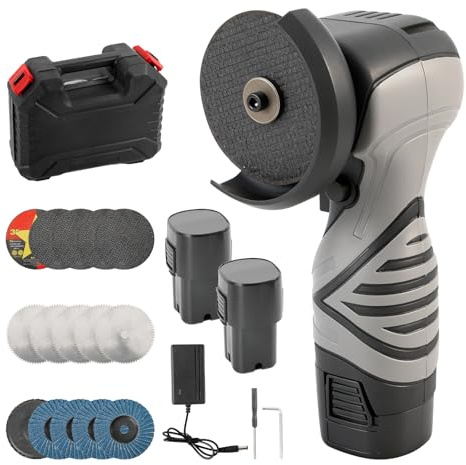Mini-vinkelslip med 2 x 2 000 mAh-batterier, 1 6 000 varv/min, 500 W, bärbart slipverktyg med 75 mm skärskivor, slipskivor för att separera, polera och slipa trä, metall och betong