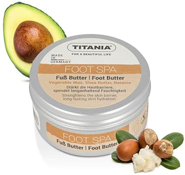 TITANIA Burro per piedi asciutti, cura intensiva e maschera per piedi con burro di karitè e olio di avocado, certificato Cosmos Natural, crema per piedi vegano, effetto soft feet, 100 ml