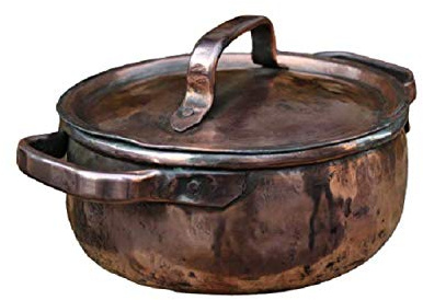 Pentola in Rame Stagnata, Casseruola Tradizionale Fatta a Mano con Interno Stagnato, Ideale per Risotti, con Coperchio e Manici, Finitura Rame Anticato (35 cm)