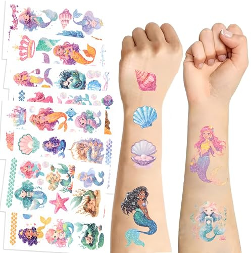 Glitzer Meerjungfrau Tattoos für Mädchen & Jungen – 10 Bögen Temporäre Tattoo Sticker, Wasserfeste Meerjungfrau Aufkleber, Partygeschenke, Mitgebsel und Geburtstagsdekoration