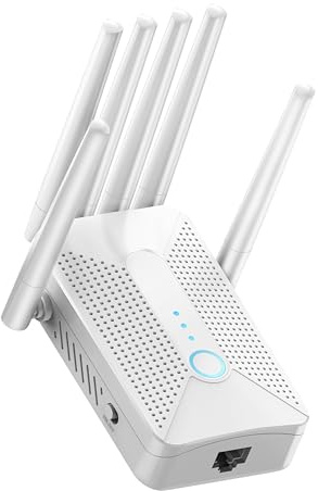 Repeteur WiFi Puissant,Amplificateur WiFi de dernière Technologie avec 6 antennes,Jusqu’à 600㎡ de Couverture WiFi,1 Port Ethernet,Augmente la Couverture WiFi,Configuration Facile