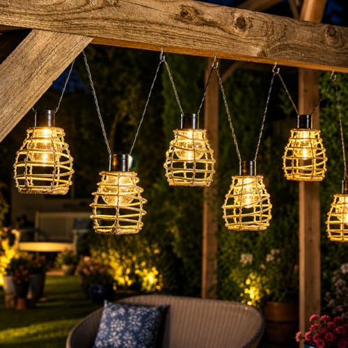 Festive Lights 10 lanterne a LED a energia solare, in rattan, luce bianca calda, 2,7 m, per esterni, catena luminosa a energia solare, resistente alle intemperie, per balcone, giardino, esterni