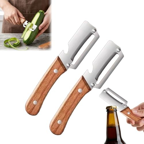 Set di 2 pelapatate multifunzione 2 in 1,Pelapatate per verdure con manici in legno massello e apribottiglie integrato, per verdure, frutta