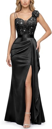 MIUSOL Women’s Vintage Sequined Satin Fishtail Evening Party Long Dress | Spaghetti Straps, Floral Shoulder Accent, V-Neck Fitted Bodice, Ruched Skirt Detail, Split Style, Wedding Guest Gown