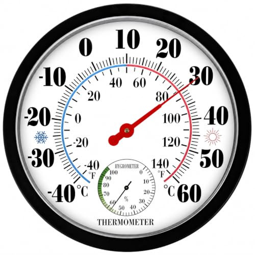 Thermomètre et hygromètre d'intérieur et d'extérieur - Thermomètre mural de 25 cm indiquant la température ambiante, l'humidité et la météo, pour terrasse, jardin et maison