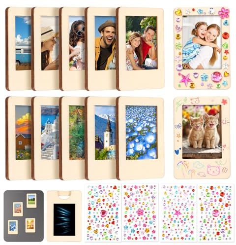 Magnetische Bilderrahmen Holz 12 Stück Mini Fotorahmen Naturholzfarbe | Kühlschrankmagnete Bastelset mit Glitzersteinen DIY Basteln für Kinder Whiteboard Fotoframes Andenken Geschenke 9.5x6.5 cm
