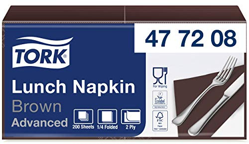 Tork 477208 Lunchservietten Braun / 2-lagige Servietten für kleine Gerichte & Snacks/Advanced Qualität / 10 x 200 (2000) Papierservietten / 32,6 x 33 cm (B x L) / 1/4-Falz