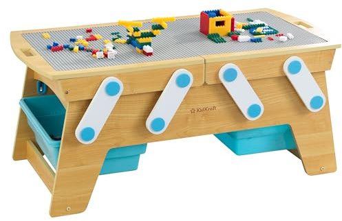 KidKraft Building Bricks Play N Store Wooden Table, Children's Toy Storage with Bins, 200+ Building Blocks Included, Natural, Gift for Ages 3+