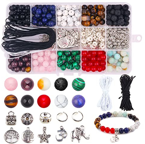 Candygirl Lavaperlen 418 Stück Bunte Chakra Perlen, 8 mm Halbedel Stein Perle Kit Natürliche Kristall Edelstein Chakra Perlen für Erwachsene Schmuck Bastelset