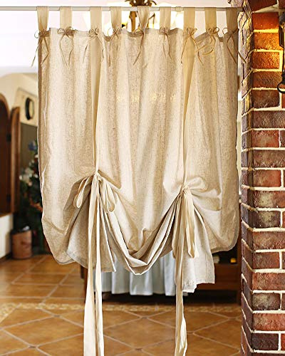 vctops Cotton Linen Tie Up Curtain Country Style Tab Top Light Filtering Adjustable Balloon Curtain Shades for Kitchen Windows Cafe Curtains, 51x75 Inches, Beige