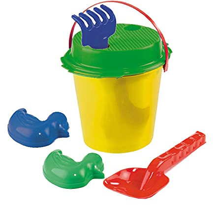 NET TOYS Großes Sandeimer Set - Bunt ca. 17 cm, 6 TLG. - Praktisches Kinder-Sandkastenspielzeug bestehend aus Eimer, Harke, Schaufel & Förmchen - Perfekt geeignet für Strand & Spielen im Freien