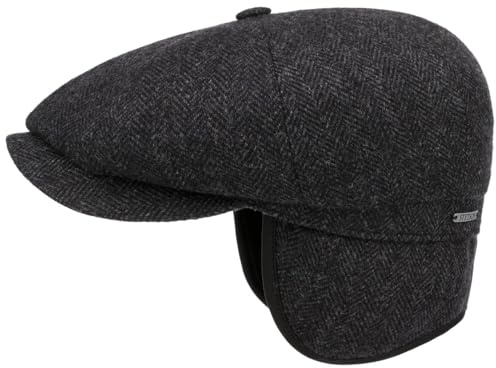 Stetson Hatteras Classic Ear Flaps Flatcap Schirmmütze Fischgrätmuster Wollcap Ohrenschutz Made in EU Herren Herbst Winter schwarz-grau 61 cm