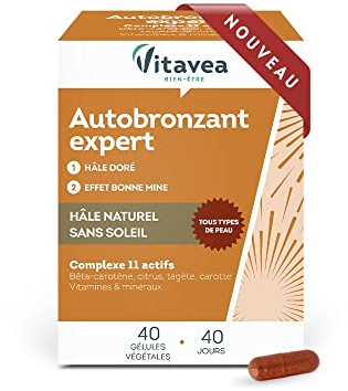 Vitavea bien-être - Autobronzant Expert - Hâle Doré et Effet Bonne Mine - Teint lumineux Sans Soleil - Complément Alimentaire avec Bêta-Carotène, Zinc, Vitamines C, E, B5, D - 40 Gélules - 40 Jours