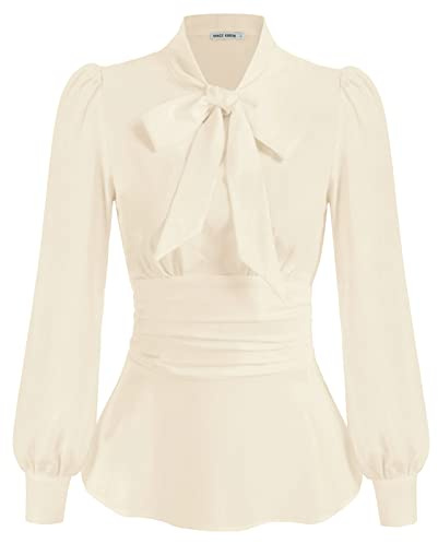 Women Victorian Corset-Style Blouse Vintage Long Sleeve Stand Collar Tops for Work Office Beige M