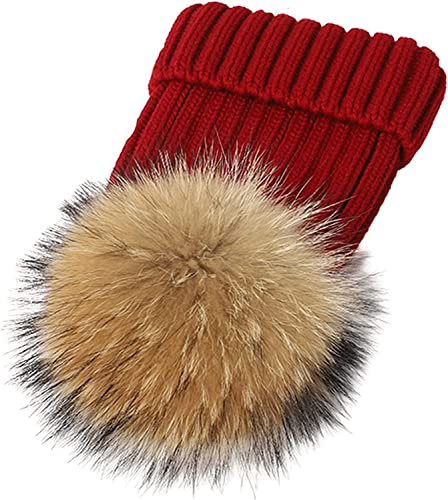 ANZII Damen Echtfell Waschbär Fell Pelz Bommel Strick Mütze Winter-Mütze Bommelmütze warme Schirmmützen