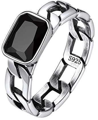 Bestyle Herren Bandring 925 Sterling Silber Panzerkette Fingerring mit grün/schwarzem Stein