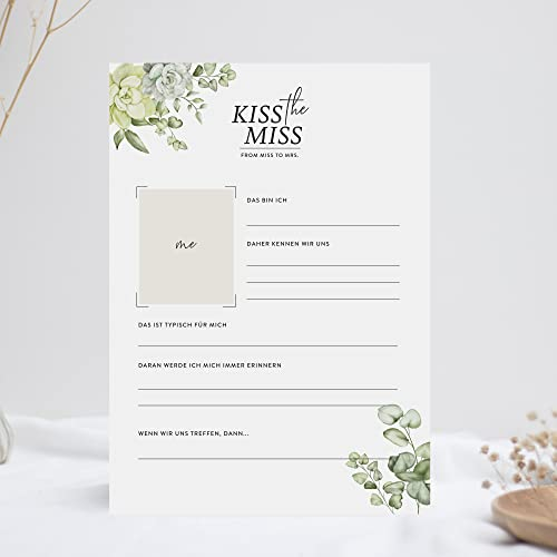heaven+paper JGA Karten A5 zum Ausfüllen - Miss to Mrs, eleganter Junggesellinnenabschied zur Hochzeit, JGA Spiel - Gästebuch Hochzeit mit Fragen (20 Stück Greenery)