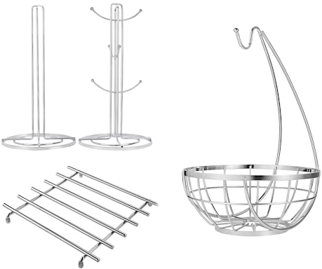 Royal Cuisine Pack of 3, Fruit Basket with Banana Hanger + Mugs & Tea Cup Storage Rack with Kitchen Towel Holder + Copper Plated Trivet (Silver)