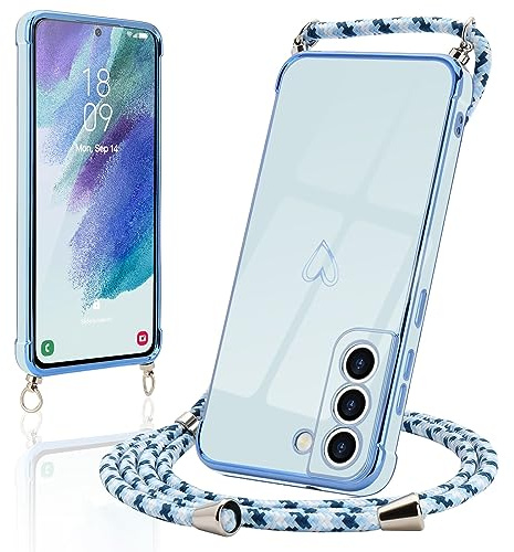 Micoden Handykette für Samsung Galaxy S21 FE 5G Hülle mit Band Herz | Necklace Handyhülle Kameraschutz Herz Love Design Slim Galvanik Silikon TPU Case Kordel zum Umhängen Schutzhülle, Blau