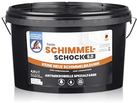 Tonis SCHIMMELSCHOCK Anti-Schimmel-Farbe 4,5 Liter Wandfarbe | Effektive, zuverlässige Sofortwirkung, desinfizierende Wandfarbe für ca. 18 m² | 99,999% antimikrobielle Wirkung [weiss]