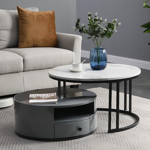 HAINEW Modernes Rund Couchtisch 2er Set mit PVC-Marmoroptik und 1 Schubladen, Weiß und Grau Hochglanz Satztische Set, Wohnzimmertisch Kaffeetisch Sofatisch Beistelltisch