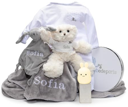 Geschenk für Neugeborene | Farbe: mehrfarbig | personalisierter Doudou und Nachtlicht | handgefertigt in Spanien | luxuriöse Geschenkbox (‎Lamparita + Bär + Pyjama + Doudou + Decke)