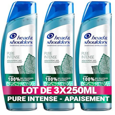 Head & Shoulders Pure Intense Apaisement Des Démangeaisons Shampooing Antipelliculaire, 3x250 ml, À la Menthe Poivrée, Pour Cuir Chevelu Gras Qui Démange, Jusqu’à 100% Des Pellicules Éliminées