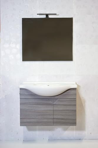 mobile bagno in legno MDF rivestimento polimerico Modello anna1 con lavello ceramica specchio e applique a led (ciliegio)