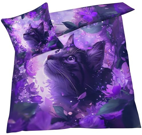 YELDAN Bettwäsche 140x200 Katze, Lila Bettbezug, Bettwäsche-Sets 2 teilig, Weich & Bügelfrei Mikrofaser Wendebettwäsche und 1 Kissenbezug 80x80 mit Umschlag